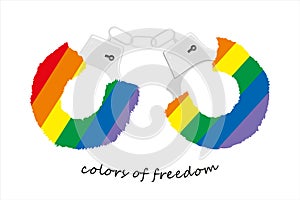 Soft handcuffs. Color of the LGBT flag. LGBT Pride Month. Accessory for adults. Rainbow love concept  and tolerance. Vector illus